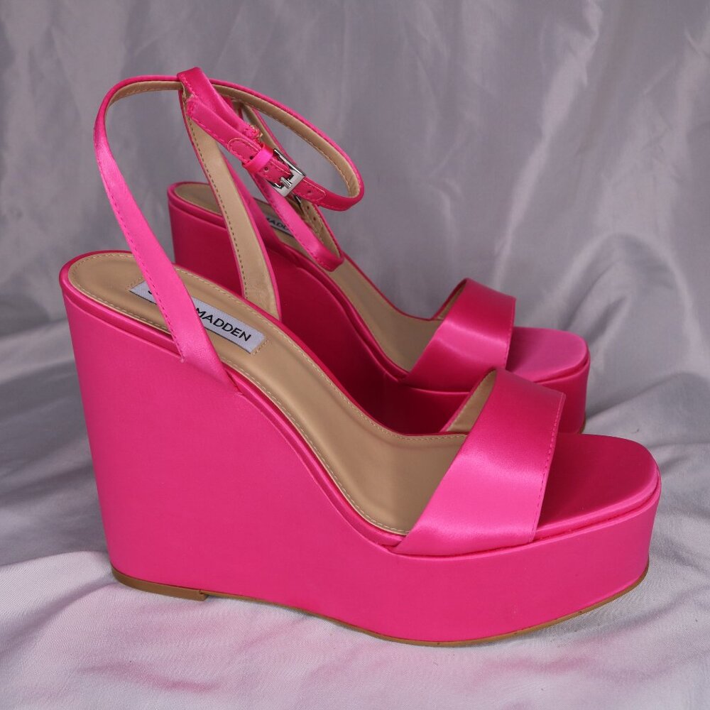 Steve Madden Hot Pink Satin Platform Wedge Sandals Size 8 - Picture 4 of 6